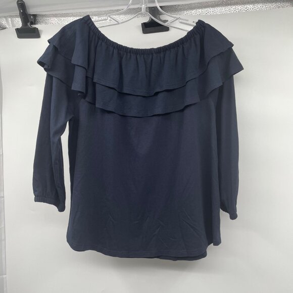 J.Jill Womens Off Shoulder Ruffle Blouse 3/4 Sleeve Navy Size Small Petite - Picture 7 of 9